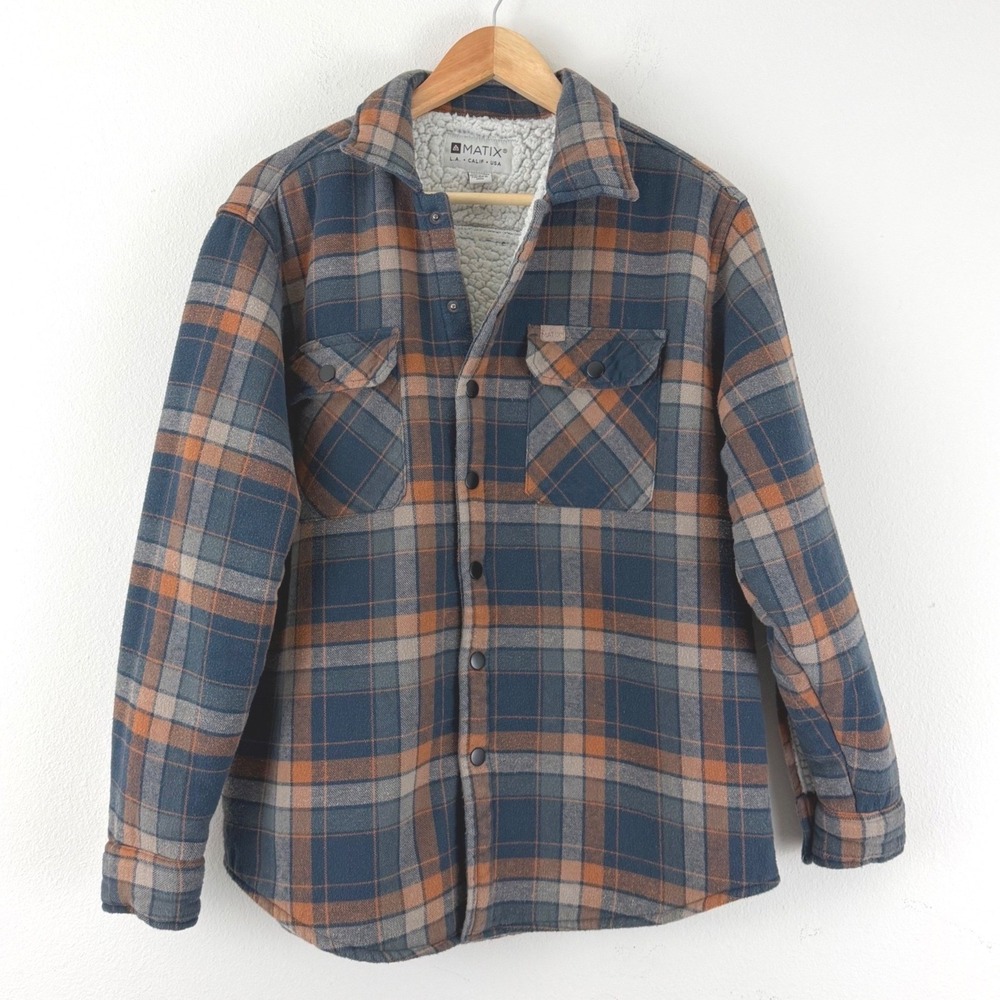 Matix Mens M Blue Orange Plaid Sherpa Lined Flannel Snap Front Shirt Jacket